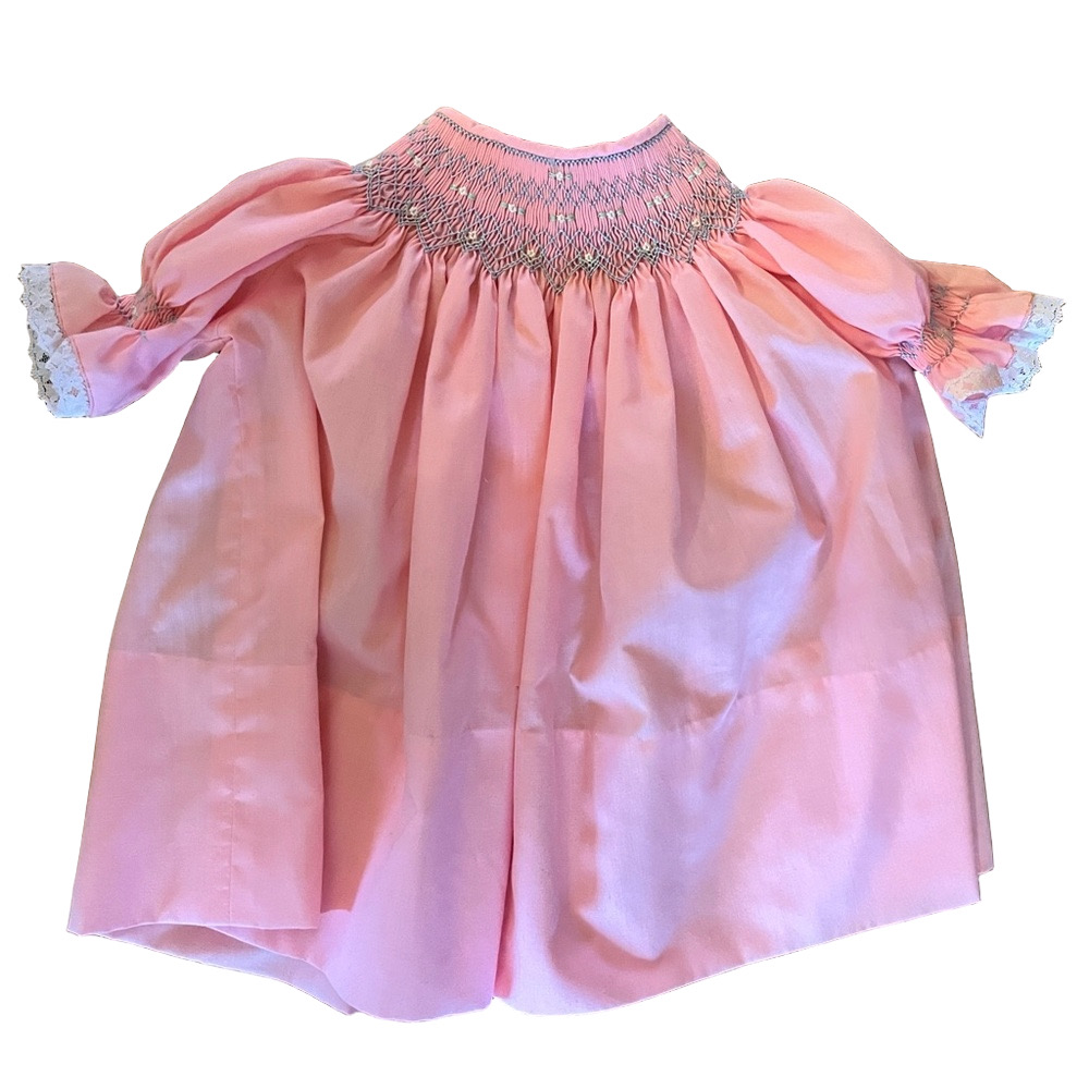 Vintage Hand Smocked Bishop Dress Baby Girl Pink Lace Baby dress Handmade